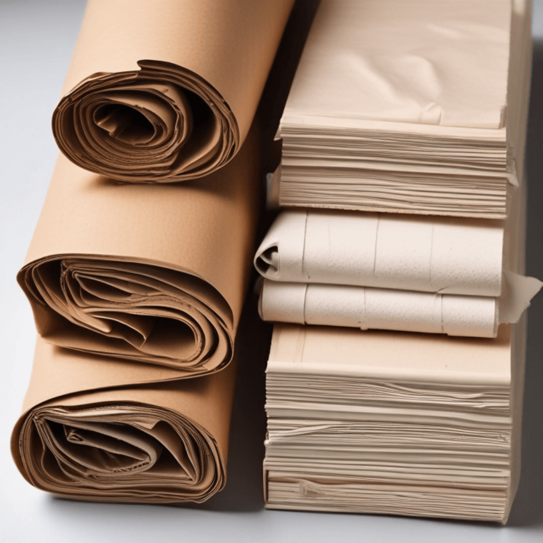 Rolls and stacks of packing paper